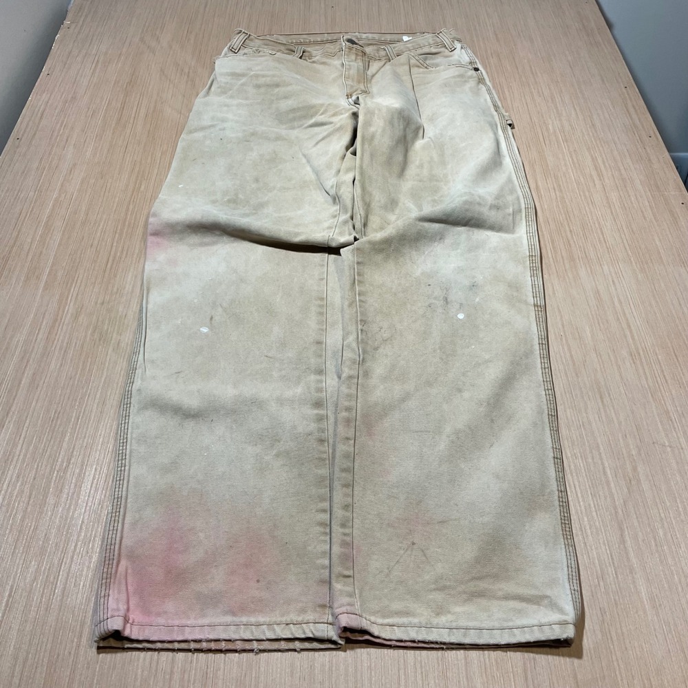 Dickies Carpenter Pants Mens 34x34 Tan Distressed Paint Splatter Workwear WN241G